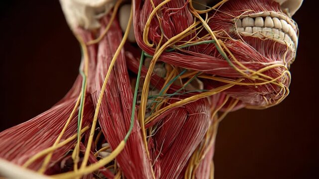 Detailed Visualization of Human Anatomy Highlighting Musculature and Nervous System Connections, Emphasizing the Intricate Structure of the Upper Body and Neck Area