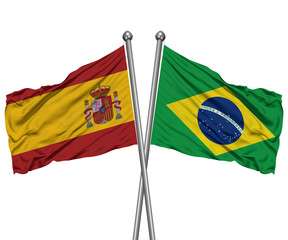 Spain and Brazil Crossed Desk Flags – International Cooperation 3D Render