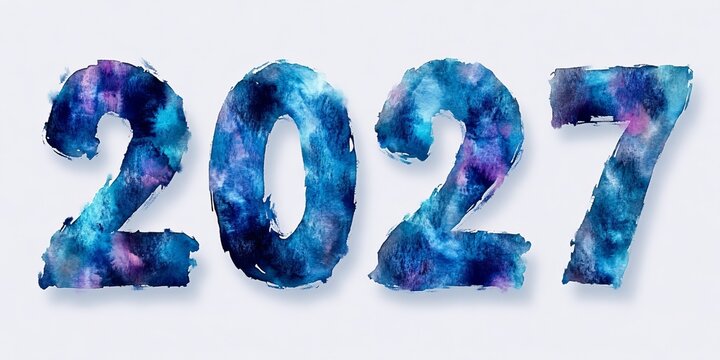 Elegant 2027 Year Digits Painting in Watercolor Style with Decorative Figures Isolated on White