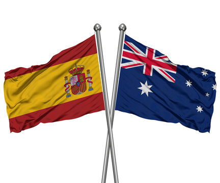 Spain and Australia Crossed Desk Flags &ndash; Bilateral Relations 3D Render