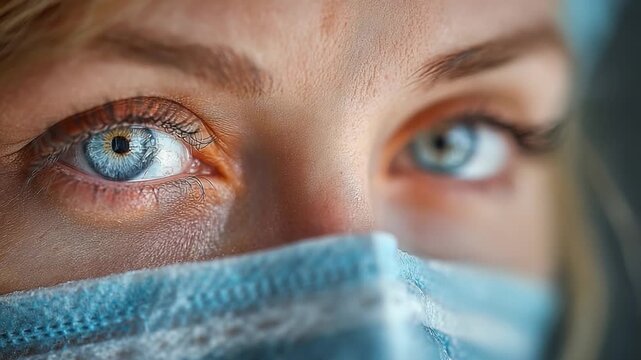 A Close-Up Portrait of a Young Woman Wearing a Face Mask, Showcasing Piercing Blue Eyes and Intricate Facial Details in Soft, Natural Light