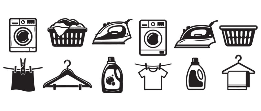 Laundry Service and Clothing Care Icon Set with Washing Machine and Iron