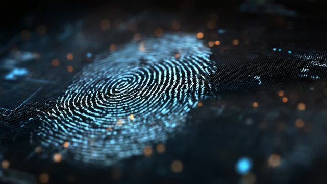 A Captivating Visualization of a Fingerprint Against a Dark Digital Background, Highlighting Unique Patterns and Cyberspace Elements in Modern Identification Techniques