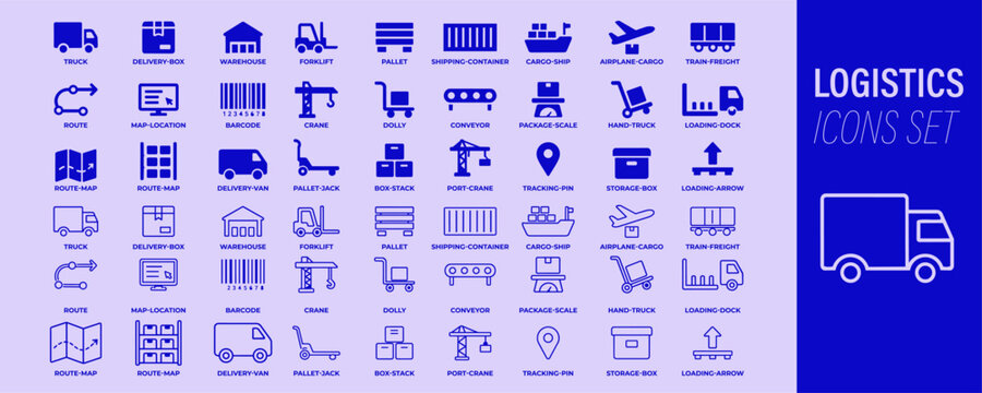 Logistics transportation icon set with warehouse, delivery, cargo shipping, tracking and supply chain concepts in monochrome blue style
