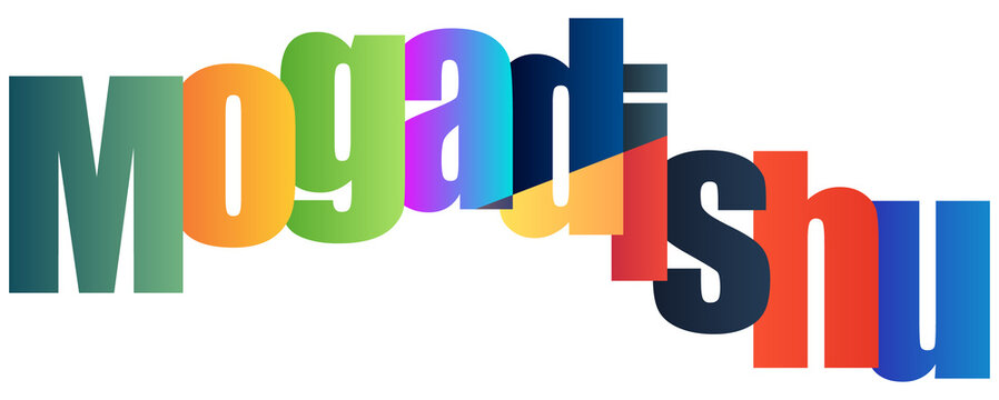 Colorful stylized text with rainbow gradient letters spelling Mogadishu