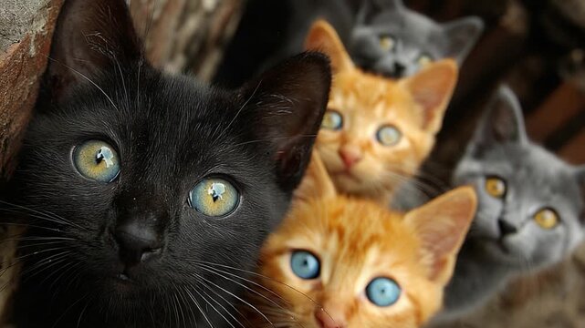 A Charming Assembly of Colorful Kittens Featuring Striking Blue Eyes and Distinctive Fur Patterns in a Natural Setting, Captured in Vibrant Detail