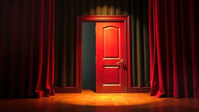 ajar. A vintage red theater door slightly ajar with motion blur under a warm spotlight. real-estate listings, architecture portfolios, designed for interior renovation comparisons for interiors.