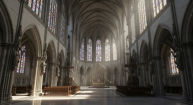 Interior of a large gothic church with stained glass windows and pews