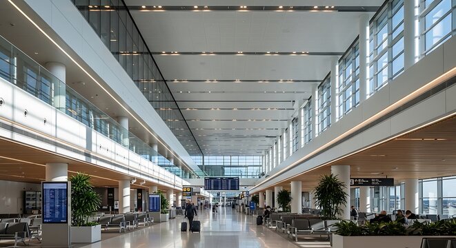 Modern airport terminal interior with seating areas and large windows