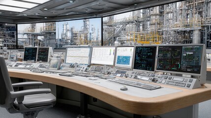 Obraz premium Floating holographic refinery model displayed in an advanced control room with multiple screens and a view of an industrial facility