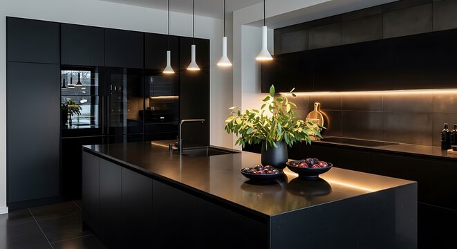 Modern black kitchen with island and pendant lights over countertop with plant