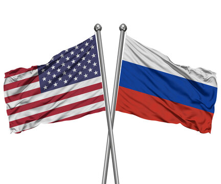 USA and Russia Crossed Desk Flags &ndash; Geopolitical Relations 3D Render