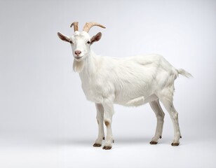 Fototapeta premium Full body profile of a white domestic goat standing against a white background.