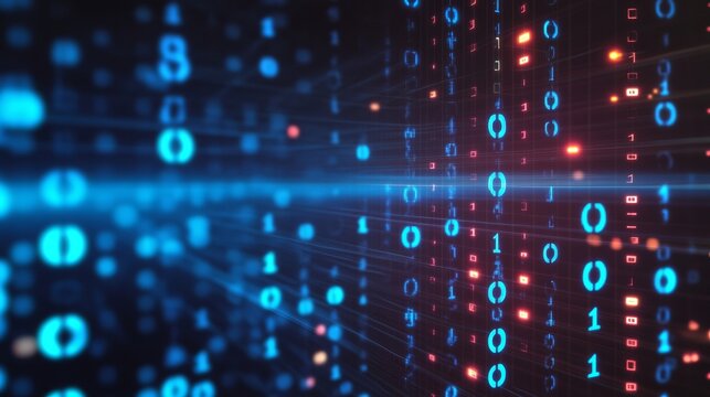 Abstract Digital Data Stream with Glowing Binary Code, Zero and One on a Futuristic Background