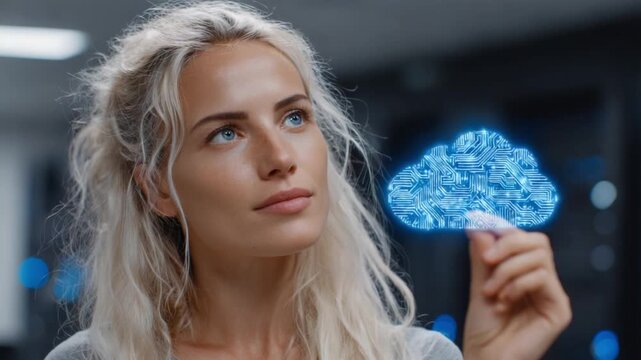 A thoughtful woman gazes at a digital cloud graphic, symbolizing data management, innovation, and modern technology in a high-tech environment.