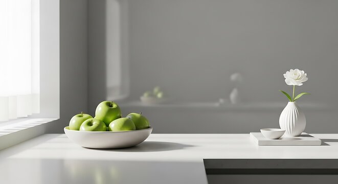 A bowl of green apples and a white flower vase on a kitchen counter