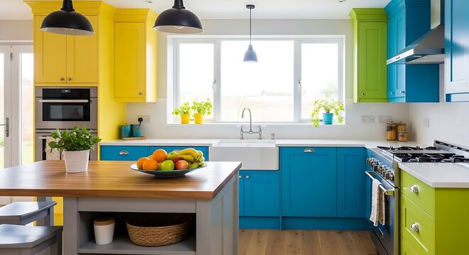Colorful kitchen with blue, green, and yellow cabinets and a bowl of fruit on the island