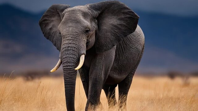 Majestic African Elephant in Natural Habitat: A Close Encounter with Iconic Wildlife Illustrating Strength and Grace Amidst the Golden Grasses and Dramatic Skies
