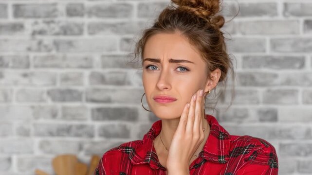 A Young Woman Experiences Acute Pain in Her Jaw While Holding Her Face, Portraying Distress and Discomfort in a Home Setting Against a Neutral Background.