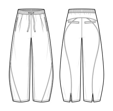 Refined Sculpted Barrel Leg Lounge Pants Fashion Illustration. Unisex Premium Trousers Vector Template. Front and Back View. Elastic Waist Drawstring. Minimal Clean Design. CAD Mockup Set.