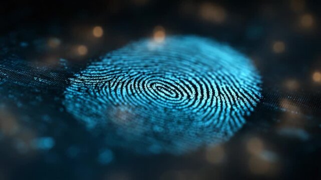 High-Definition Close-Up of a Blue Digital Fingerprint with Illuminated Highlights Depicting Advanced Biometrics and Security Technologies