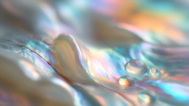 Macro view of iridescent abalone shell texture with water droplets.