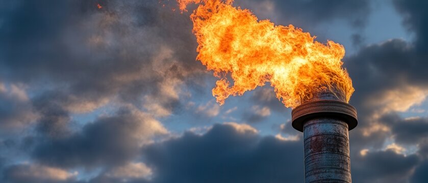 Flare stack burns brightly against cloudy sky at an industrial site during sunset