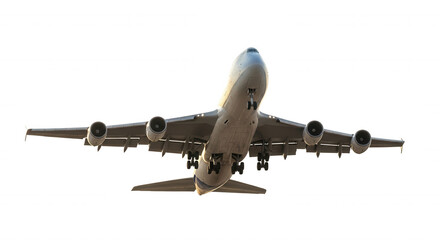 Fototapeta premium A large white passenger airplane flying in the sky with landing gear extended, viewed from below against a solid black background