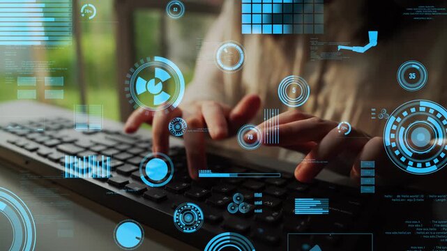 A user interacts with a keyboard, surrounded by futuristic interface elements in blue tones, representing digital innovation and the evolution of technology in the workspace. Xenic
