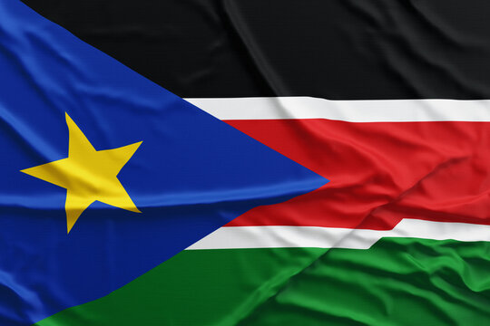 South Sudan Flag Texture &ndash; Waving Fabric Close-Up Background