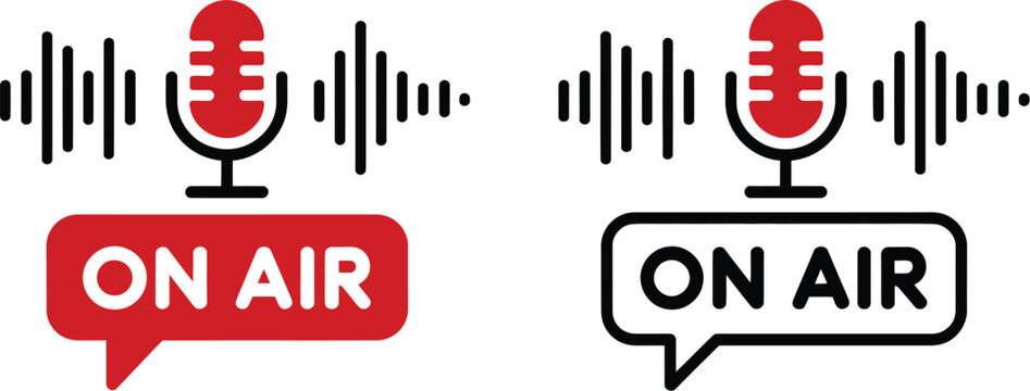 Live on air vector icons, microphone and sound wave symbols for radio podcast broadcasting recording and streaming media design.