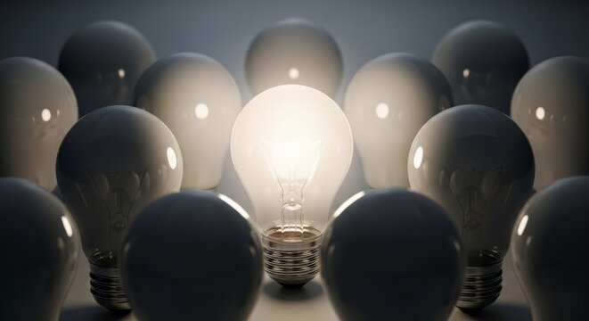 Glowing light bulb surrounded by unlit ones. Concept of unique idea, leadership and innovation. Bright solution among many dark choices for creative thinking and business strategy.