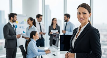Fototapeta premium Smiling businesswoman standing in office during team meeting. Corporate professional in suit looking at camera. Diverse group of business people working on project in modern workplace.