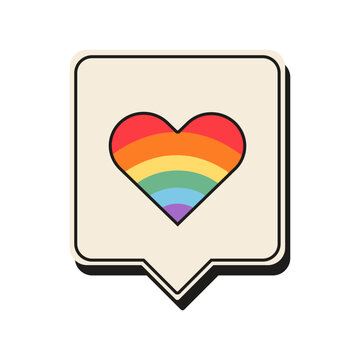 Retro social media notification bubble with rainbow pride heart isolated on white background. 90s aesthetic speech bubble UI element with LGBTQ flag heart for pride month celebration and app stickers.