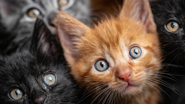 A Heartwarming Gathering of Kittens: Adorable Close-Up of an Orange Tabby and Its Black Feline Friends Showcasing Their Unique Expressions and Playful Nature