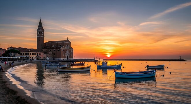 Colorful Fishing Boats Floating Near Historic Church at Coastal Sunset