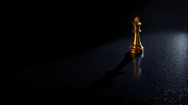 A golden chess king piece stands under a focused spotlight, casting a defined shadow