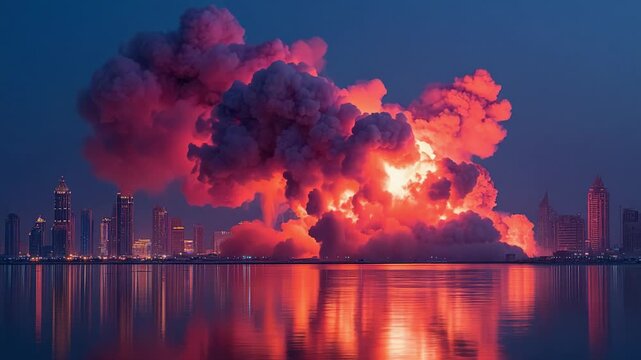 A breathtaking visual of a massive explosion illuminating the skyline, showcasing vibrant colors and dramatic clouds of smoke reflected in the tranquil waters below.