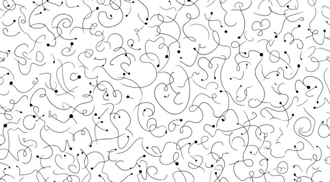 Abstract seamless pattern with handdrawn swirling lines and dots, minimalist black and