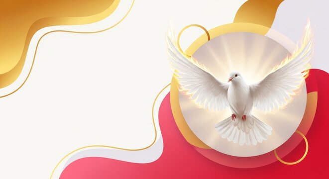 White dove with glowing wings in flight against a backdrop of golden and red abstract shapes