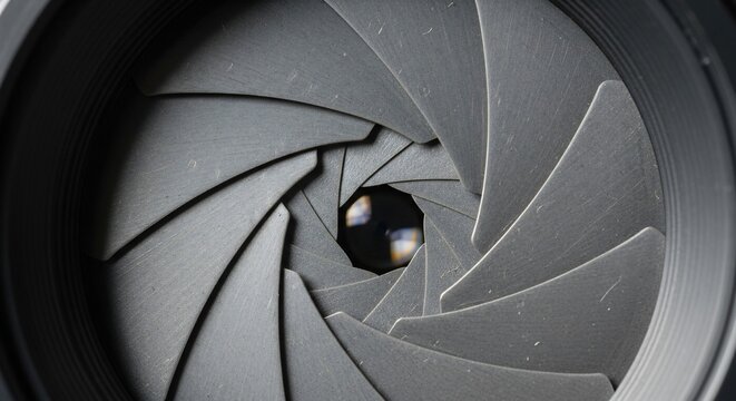 Close-up of a camera lens aperture