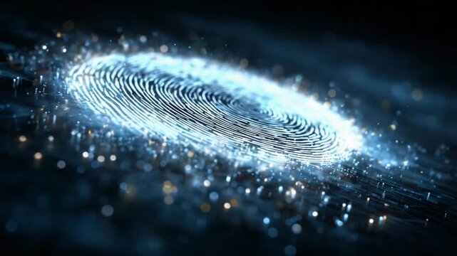 A mesmerizing visual representation of a spiraling fingerprint pattern illuminated with shimmering particles, showcasing the intricate beauty of digital abstraction and technology.