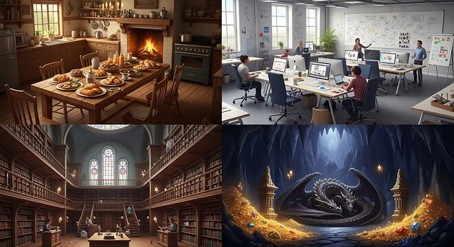 Four digitally created images a cozy kitchen, a modern office, a library, and a dragon's lair