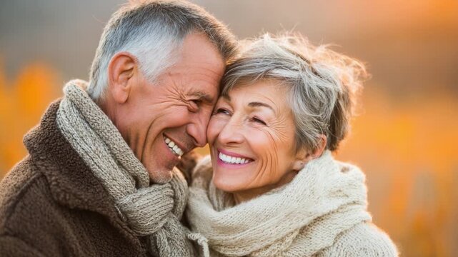 A Heartwarming Moment Between Two Seniors Sharing Laughter and Affection Amidst a Beautiful Autumn Background in a Cozy Outdoor Setting