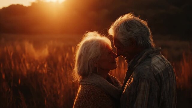 AnInspiringMomentBetweenTwoElderlyCoupleEmbracingTheirLoveAtSunsetSurroundedByNature'sBeauty