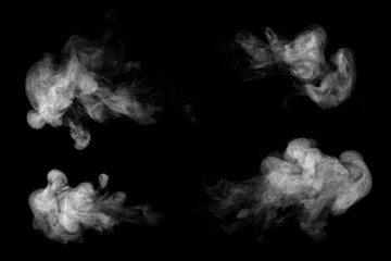 Obraz premium set abstract white cold steam and smoke isolated on black background. smog in light and dark tones with rising mist. haze, vapor, fog, atmospheric effect. creating a soft food, coffee, and cigarettes