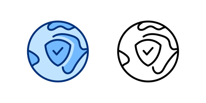 Global Security thin line icon. Digital Protection, Cybersecurity, Data Privacy, Cloud Computing concept. Black outline vector planet, shield sign.