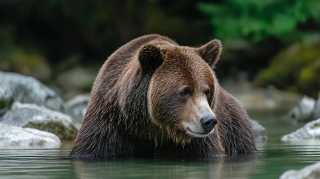 A Majestic Grizzly Bear Serenity: Capturing the Tranquil Presence of One of Nature's Largest Carnivores in a Picturesque Aquatic Habitat