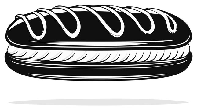 Monochrome Illustration of a Filled Oblong Pastry with Icing, Cream and Shadow