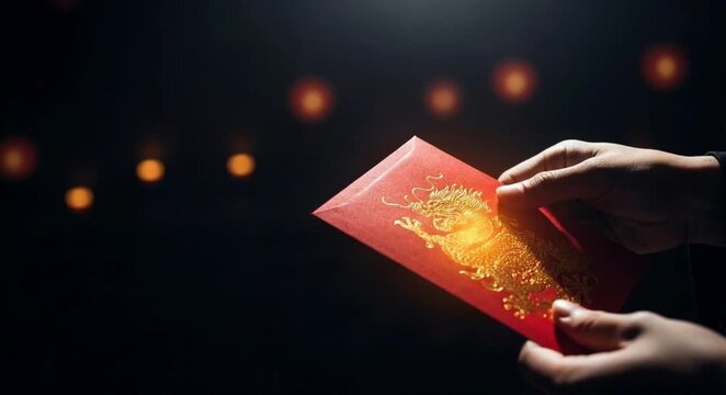 Hands holding a red gold dragon envelope in a dark festive setting with warm bokeh lights.